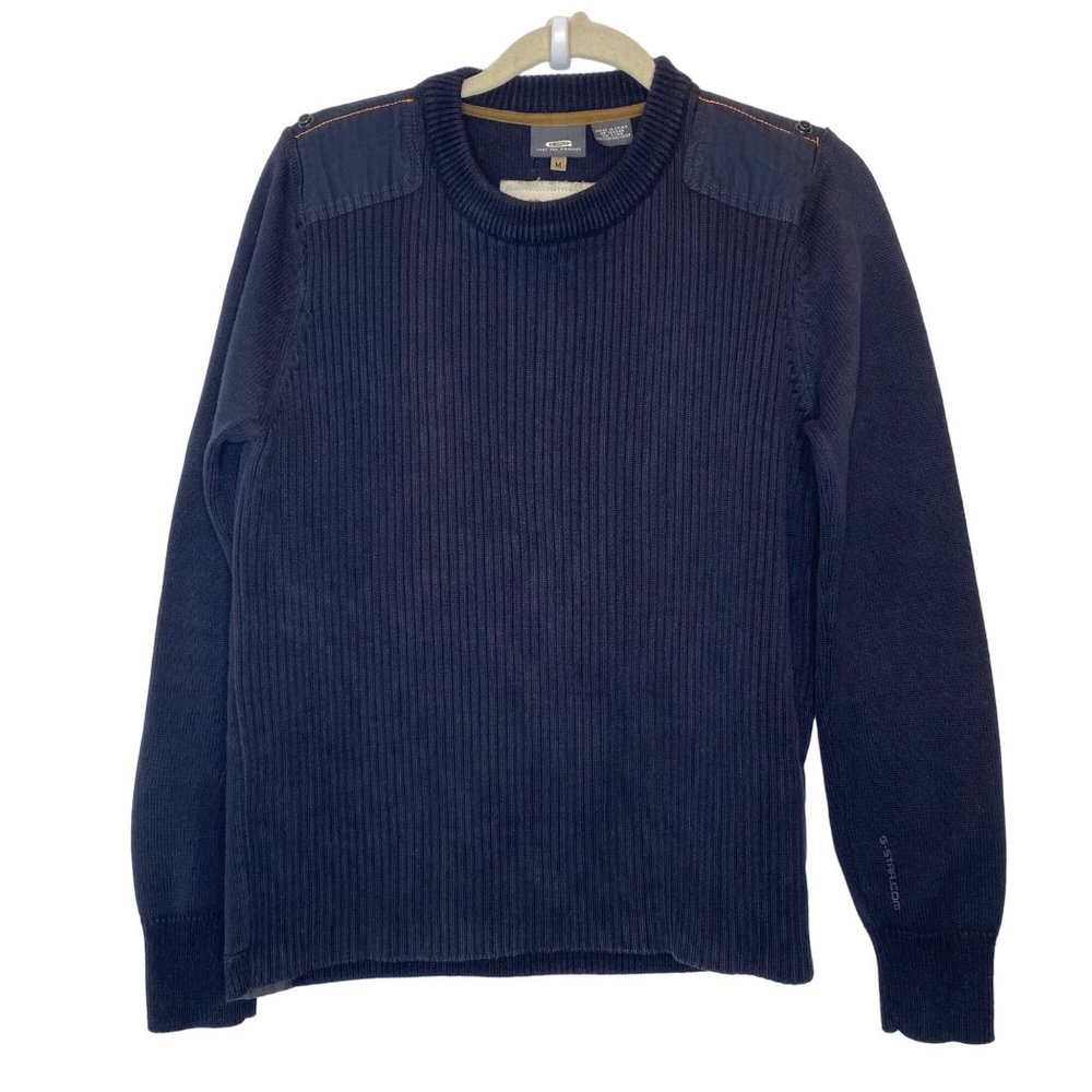 G Star Raw 100% Cotton Ribbed Crewneck Sweater Medium Navy Blue Military Details